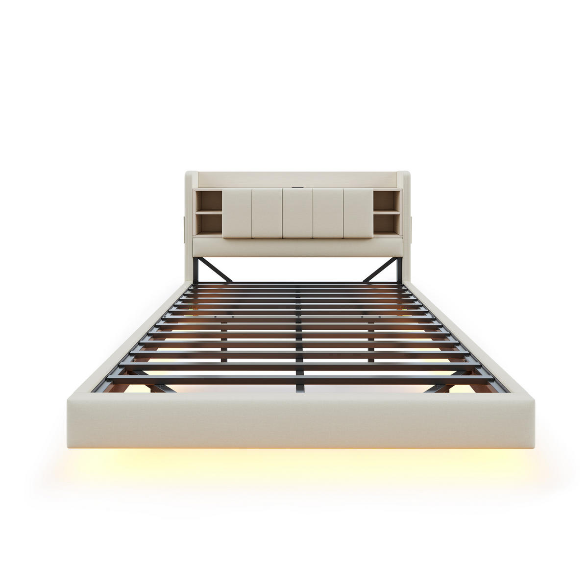 POLSTERBETT 140/200 cm DE-01953, in Beige, mit LED, USB und wendbarem Kopfteil - Beige, Metall (140/200cm) - ComfortXL