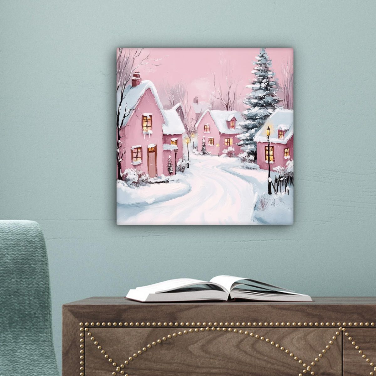 LEINWANDBILD Weihnachtsdorf - Rosa - Winter - Schnee - Häuser 20x20 cm - Altrosa, Textil (20/20cm) - MuchoWow