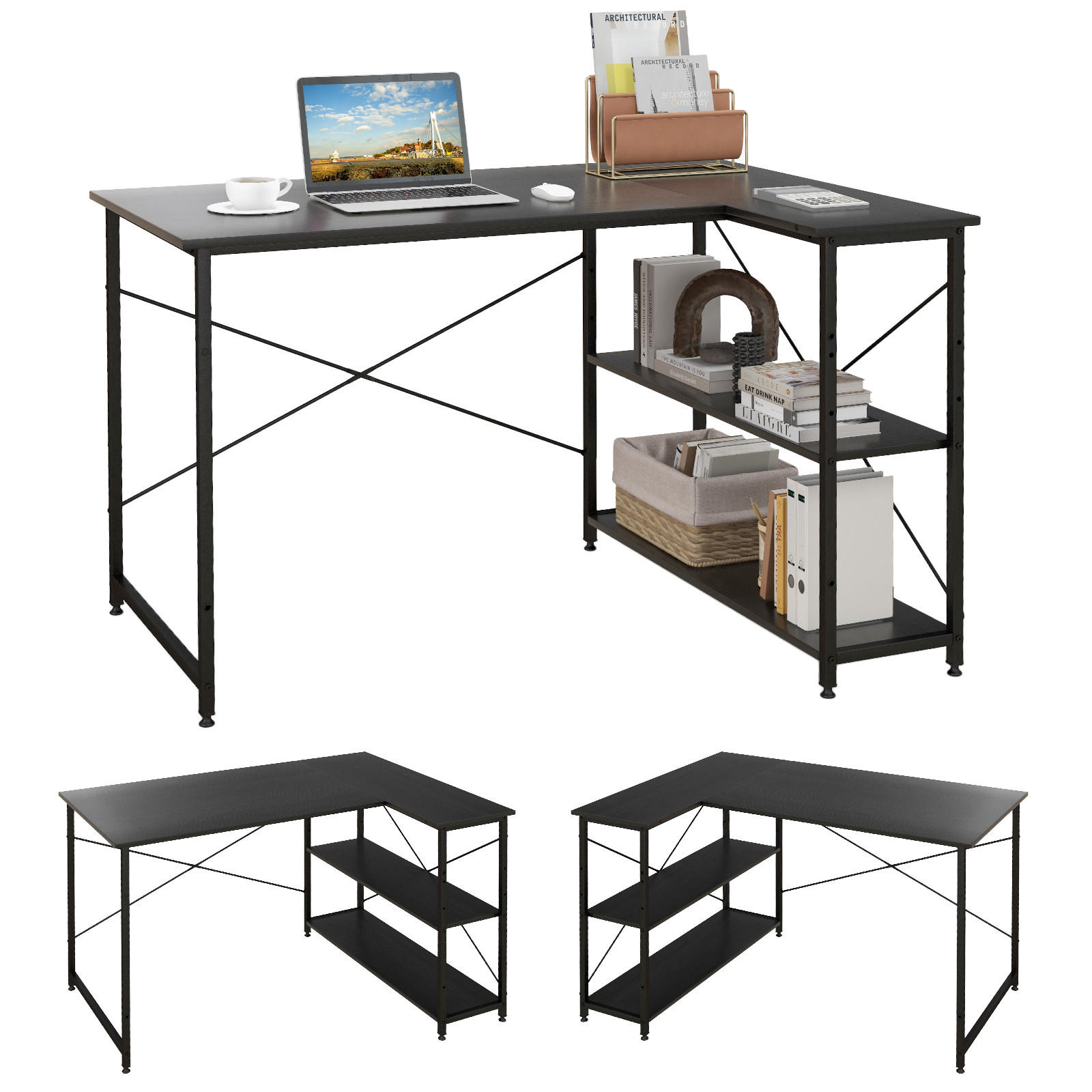 ECKSCHREIBTISCH 75cm Schwarz - Schwarz, Holz (120/88/75cm) - COSTWAY