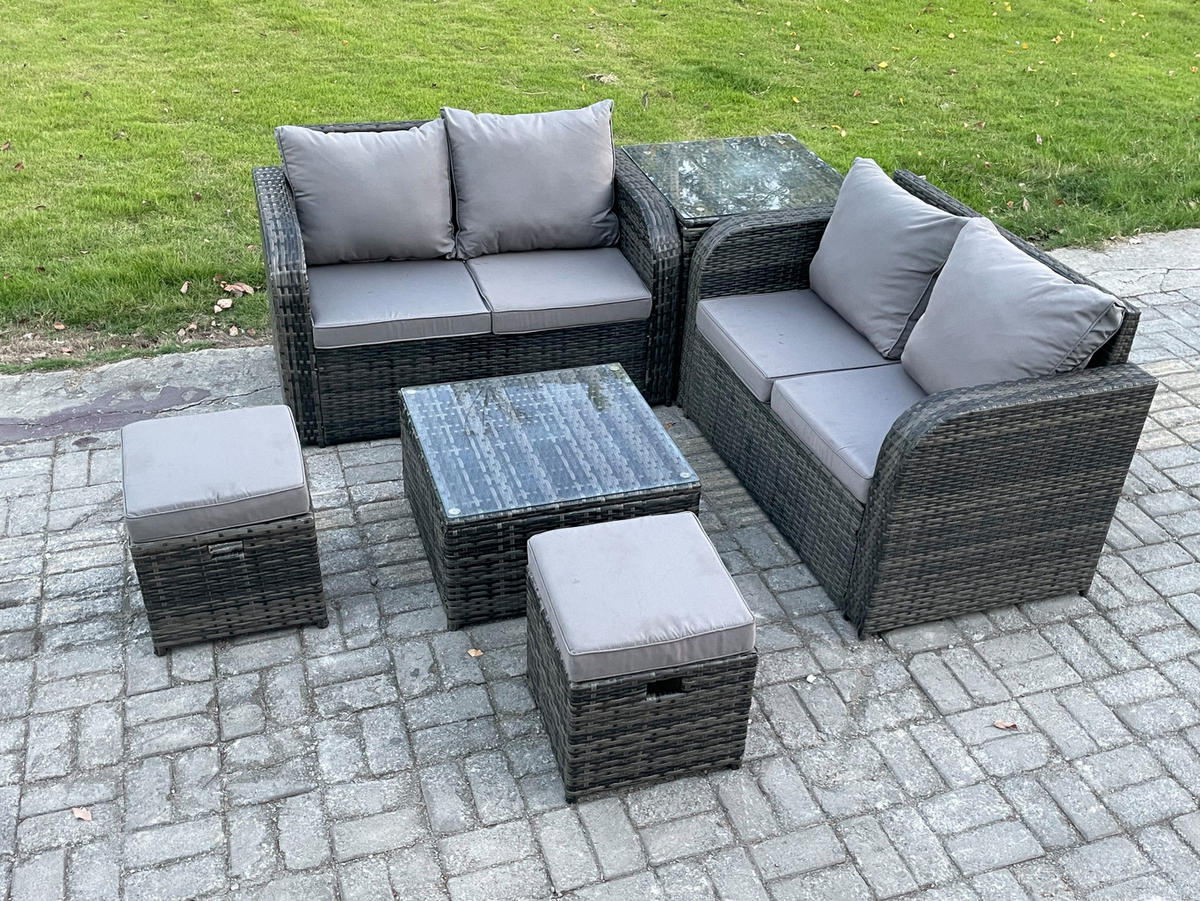 GARTENMÖBELGARNITUR Polyrattan Dunkelgrau 6-Sitzer - Dunkelgrau, Metall - Fimous