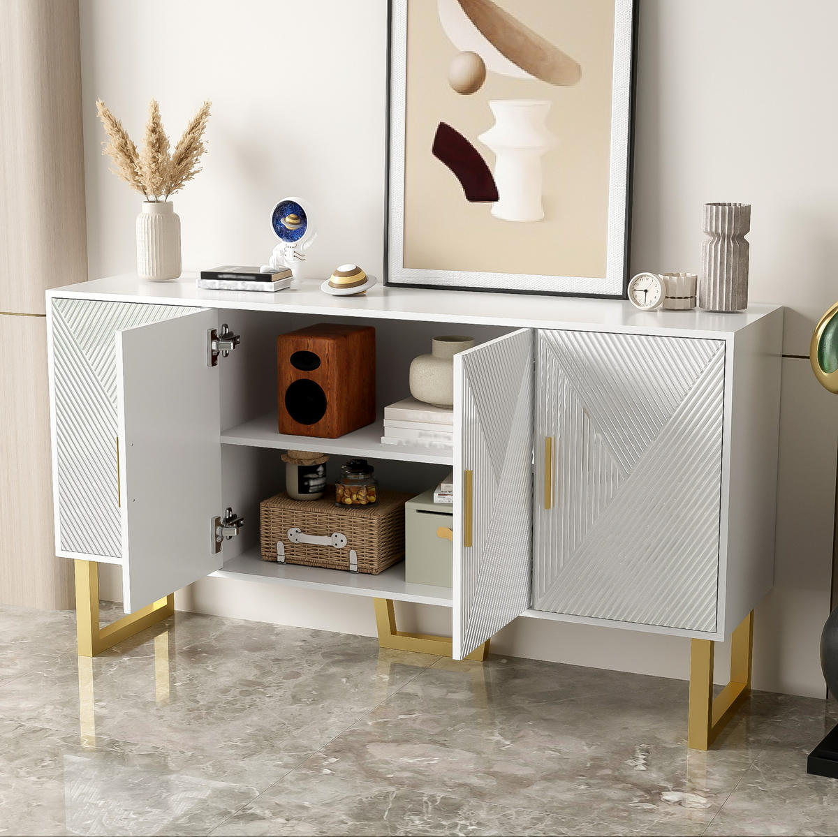 SIDEBOARD 150/40/82 cm mit 4 Türen, höhenverstellbaren Einlegeböden und Hochglanzfront aus MDF, Weiß - Weiß, Holzwerkstoff (150/82/40cm) - Redom
