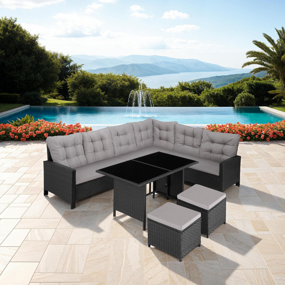 RATTANLOUNGE Barletta,mit Sicherheitsglasplatten,schwarz - Schwarz, Kunststoff - tectake