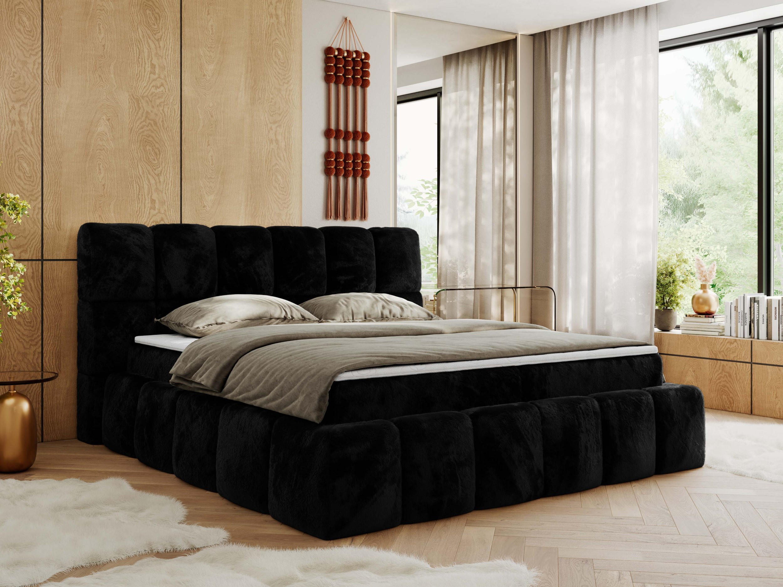 BOXBETT NIRA 120/200 - Schwarz Plüsch - H3 - Schwarz, Holz/Textil (120/200cm) - MKS