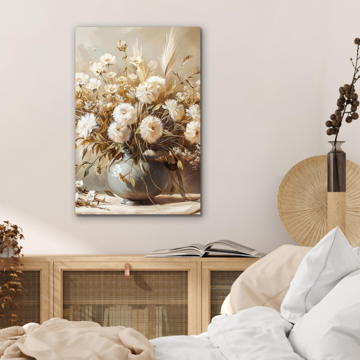 METALLBILD Blumen - Vase - Stilleben - Beige 40x60 cm - Creme, Metall (40/60cm) - MuchoWow