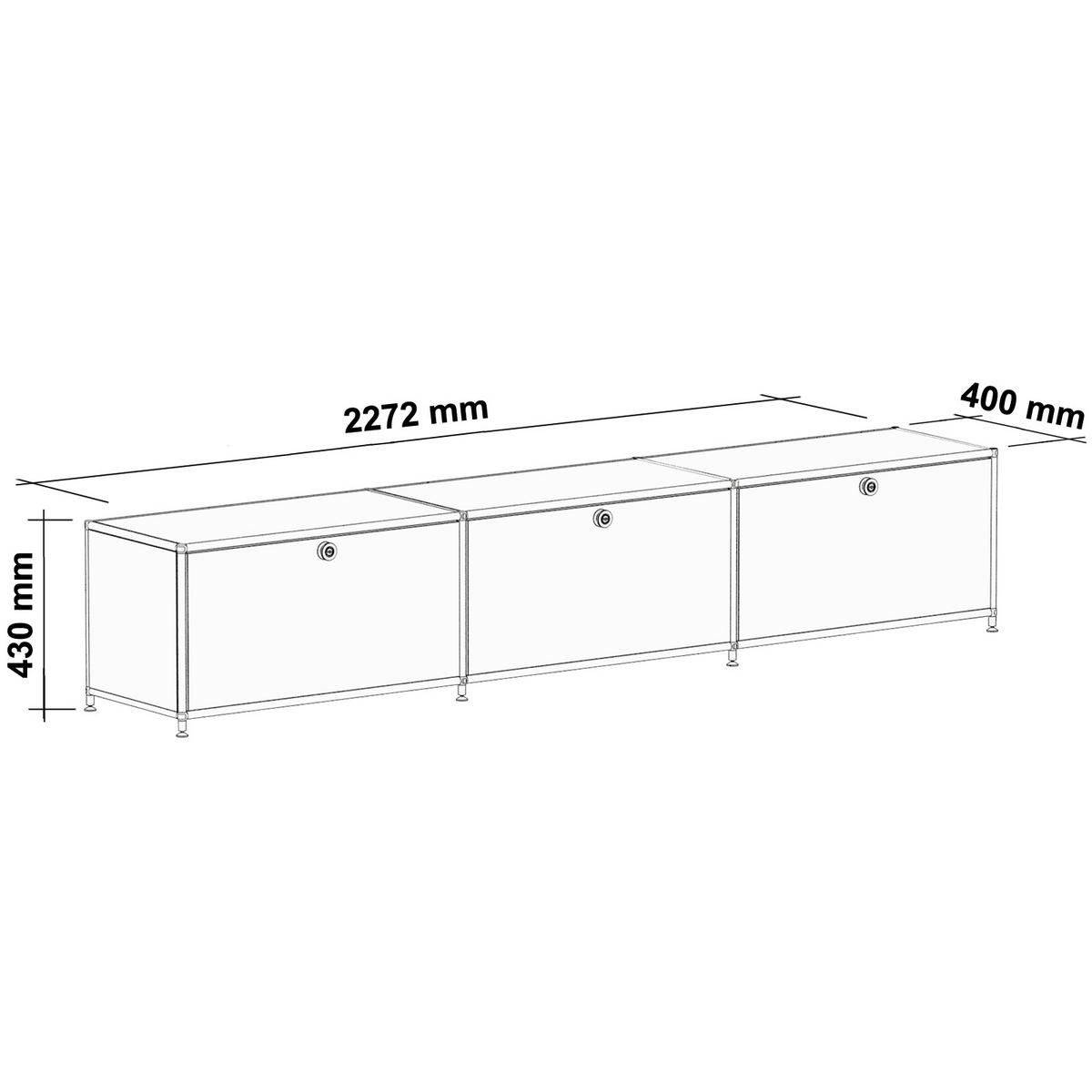 TV Board mit 3 Klappen & Schloss, Breite 227 cm, Lichtgrau - Chromfarben/Silberfarben, Metall (40/43/227.2cm) - Versee