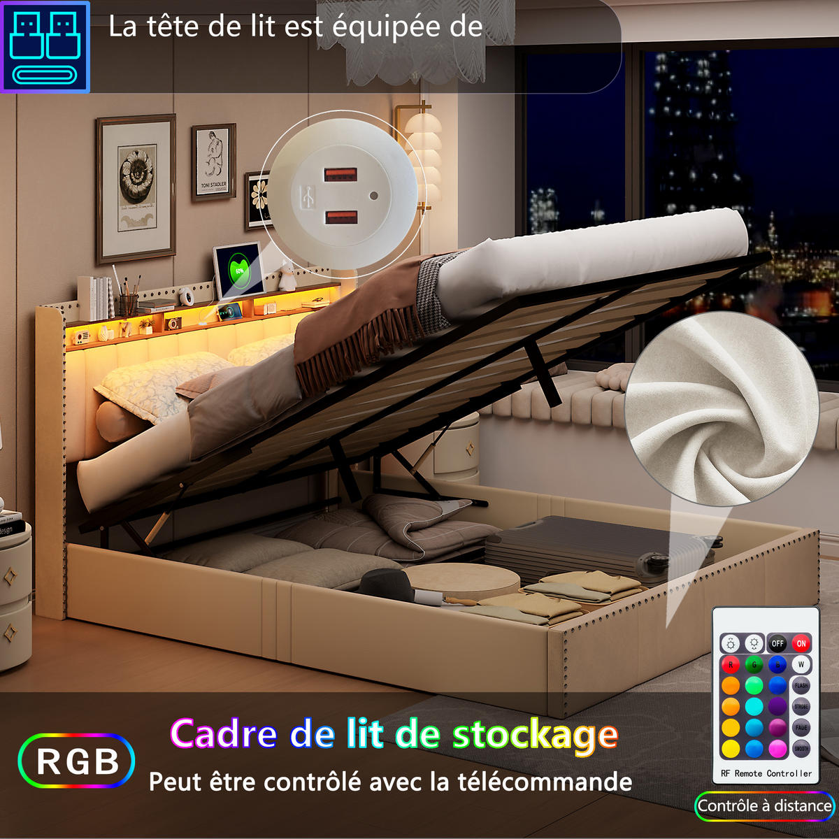 POLSTERBETT 140x200 cm LED Stauraum Kopfteil Lattenrost Samt beige - Beige, Holz (140/200cm) - LEBENLANG