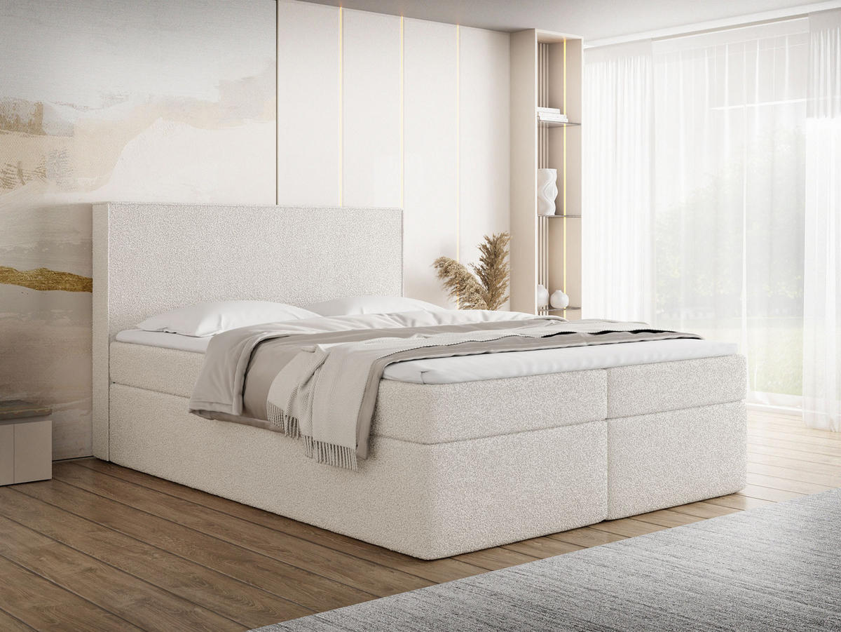 BOXBETT Terra mit Bettkasten, Creme Boucle 120x200 cm – inkl. H3 Matratze und H3 Foam Topper - Beige/Weiß, Holzwerkstoff/Kunststoff (120/200cm) - WFL GROUP
