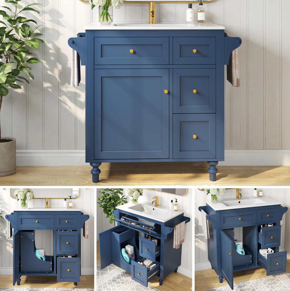 WASCHTISCHKOMBI 99,5/45/86 cm blau aus MDF mit Keramikbecken - Blau, Holzwerkstoff (99.5/86/45cm) - OKWISH