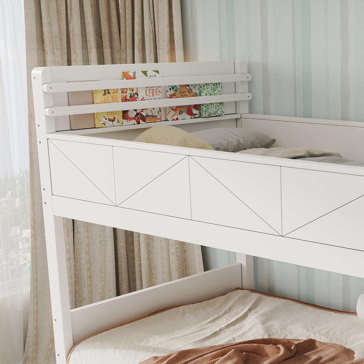 ETAGENBETT 90/200 cm in Weiß mit Stauraumtreppe, Schrankfächern, Ablage und Paneel-Design aus Massivholz und MDF - Weiß, Holzwerkstoff (90/200cm) - STILVORA