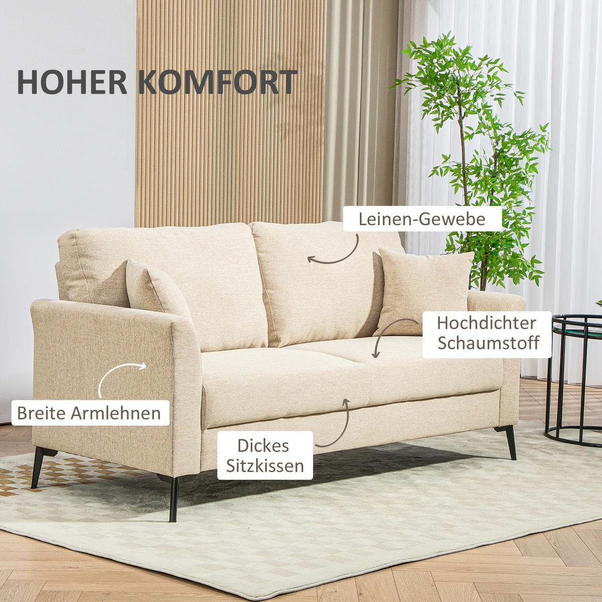 2 Sitzer Sofa, Couch mit Leinenoptik, Metallbeine, Polstersofa Doppelsofa - Beige/Schwarz, Textil/Metall (80/89/179cm) - HOMCOM