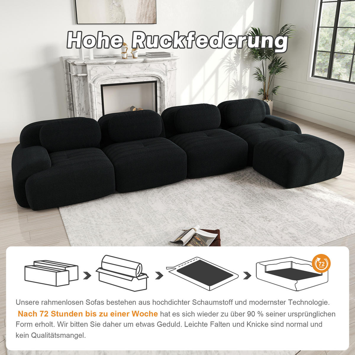 ECKSOFA 388/178/70 cm Schwarz Cord mit extra-breiten Armlehnen, Rahmenloses - Schwarz, Textil (388/178cm) - Oxeza