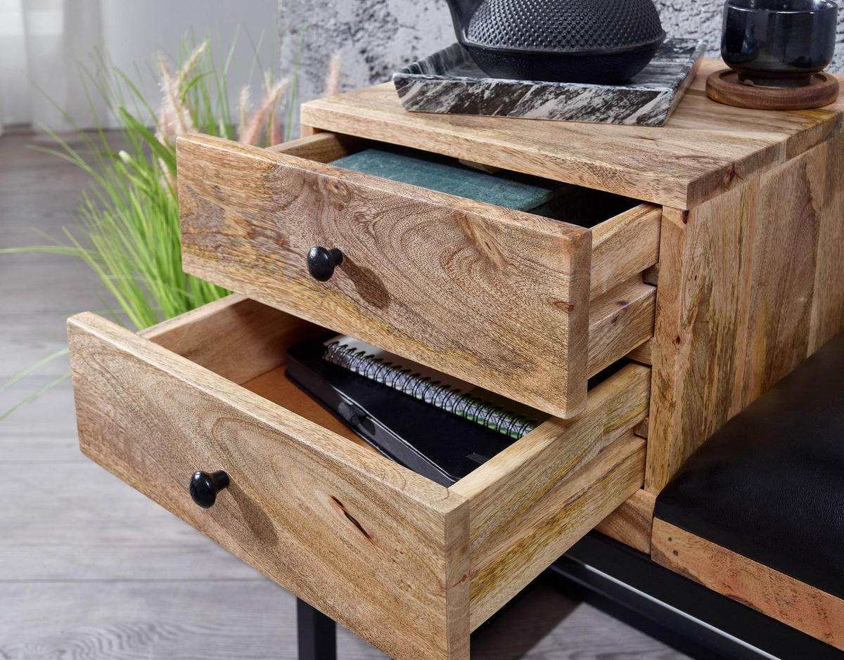 SITZBANK – Ziegenleder/Metall, Schubladen, Retro-Stil - Schwarz/Braun, Leder/Metall (100/60/35cm) - KADIMA DESIGN