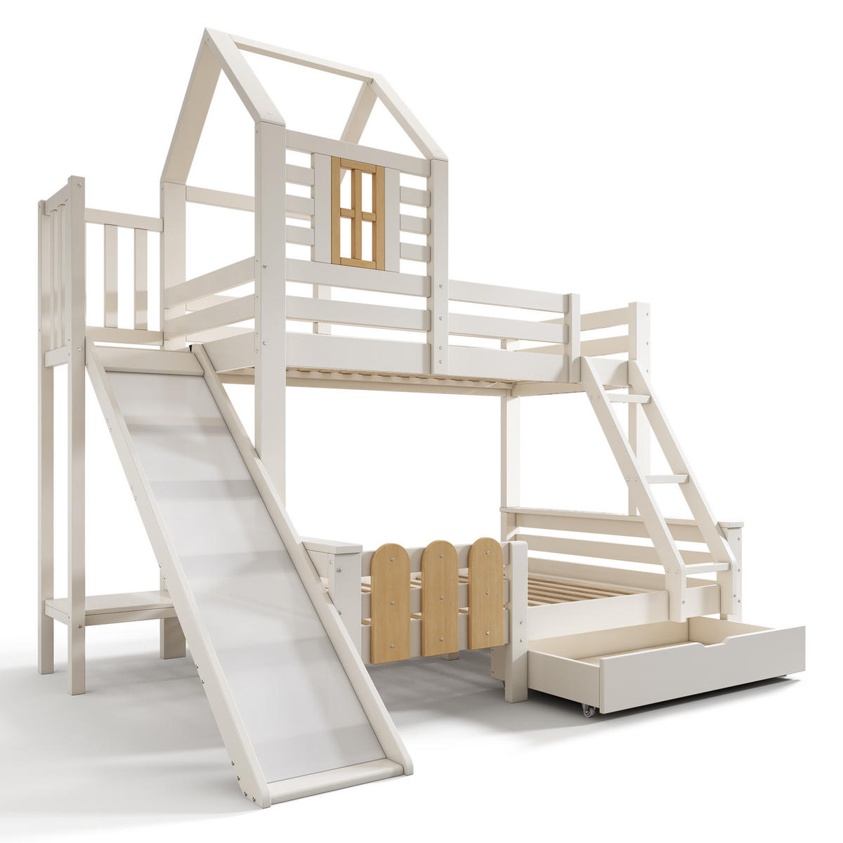ETAGENBETT 90/200 cm Weiß aus Metall und Holz mit Rutsche Schublade und Leiter - Weiß, Metall (90/200cm) - OKWISH