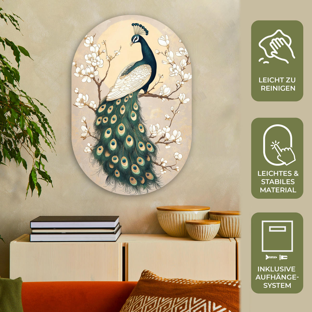WANDBILD Pfau - Zweig - Blumen 60x90 cm - Champagner, Kunststoff (60/90cm) - MuchoWow