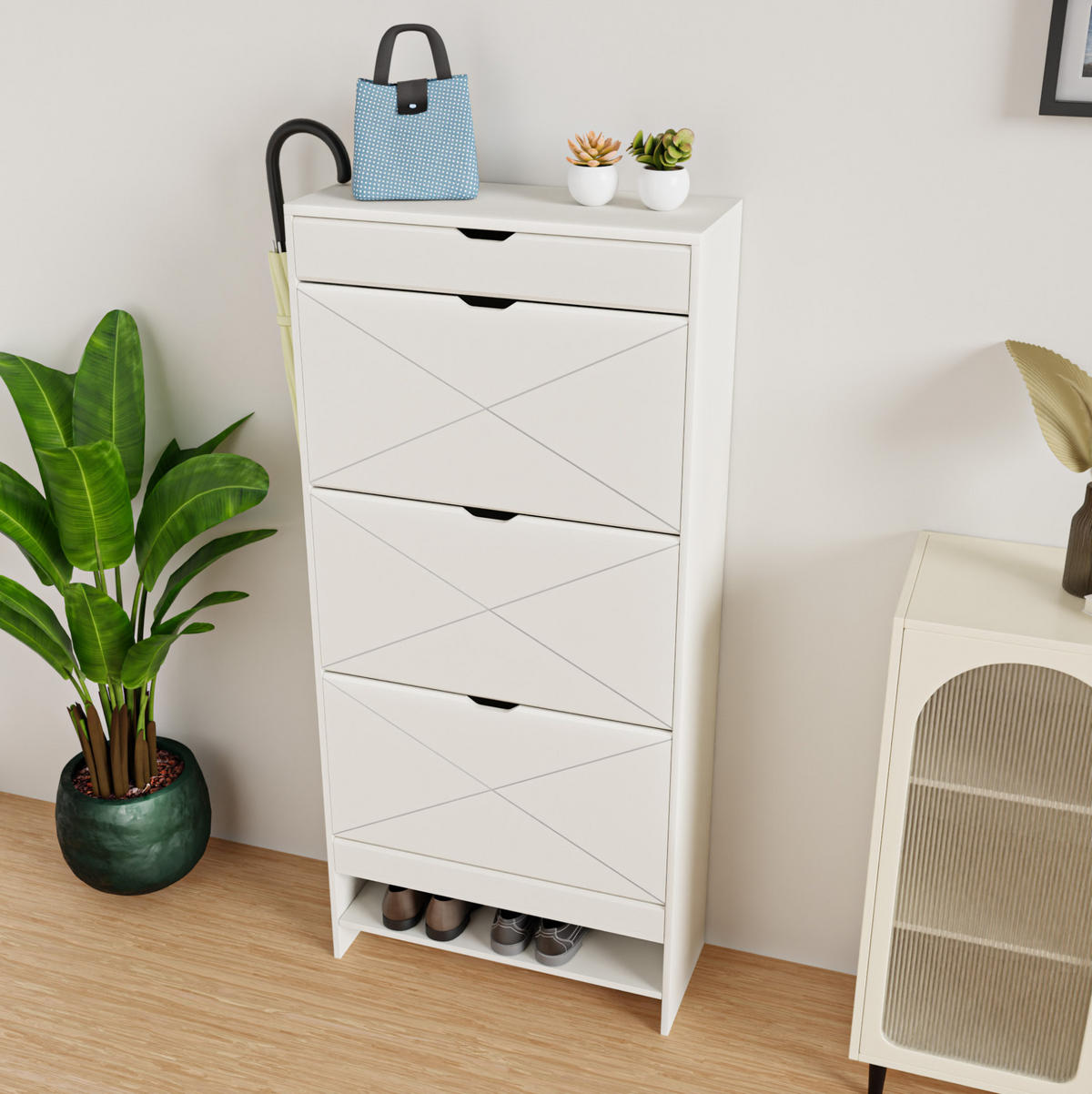 SCHUHSCHRANK in Weiß mit 3 Klappen, Schublade und ausziehbarer Ablage,26/63/136.5 cm - Weiß, Holzwerkstoff (63/136.5/26cm) - Flora Grace