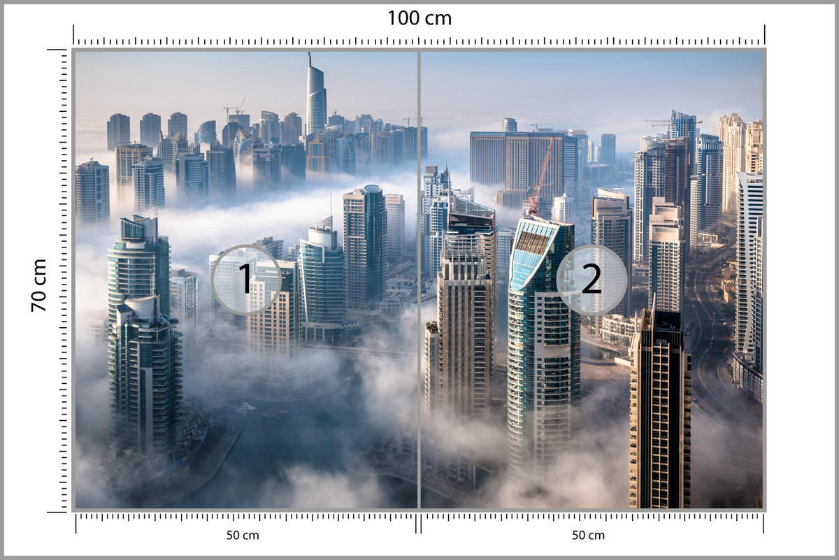 FOTOTAPETE für Büro Dubai Nebel Wolkenkratzer Skyline Panorama 100x70 - Blau/Beige, Papier (100/70cm) - Muralo