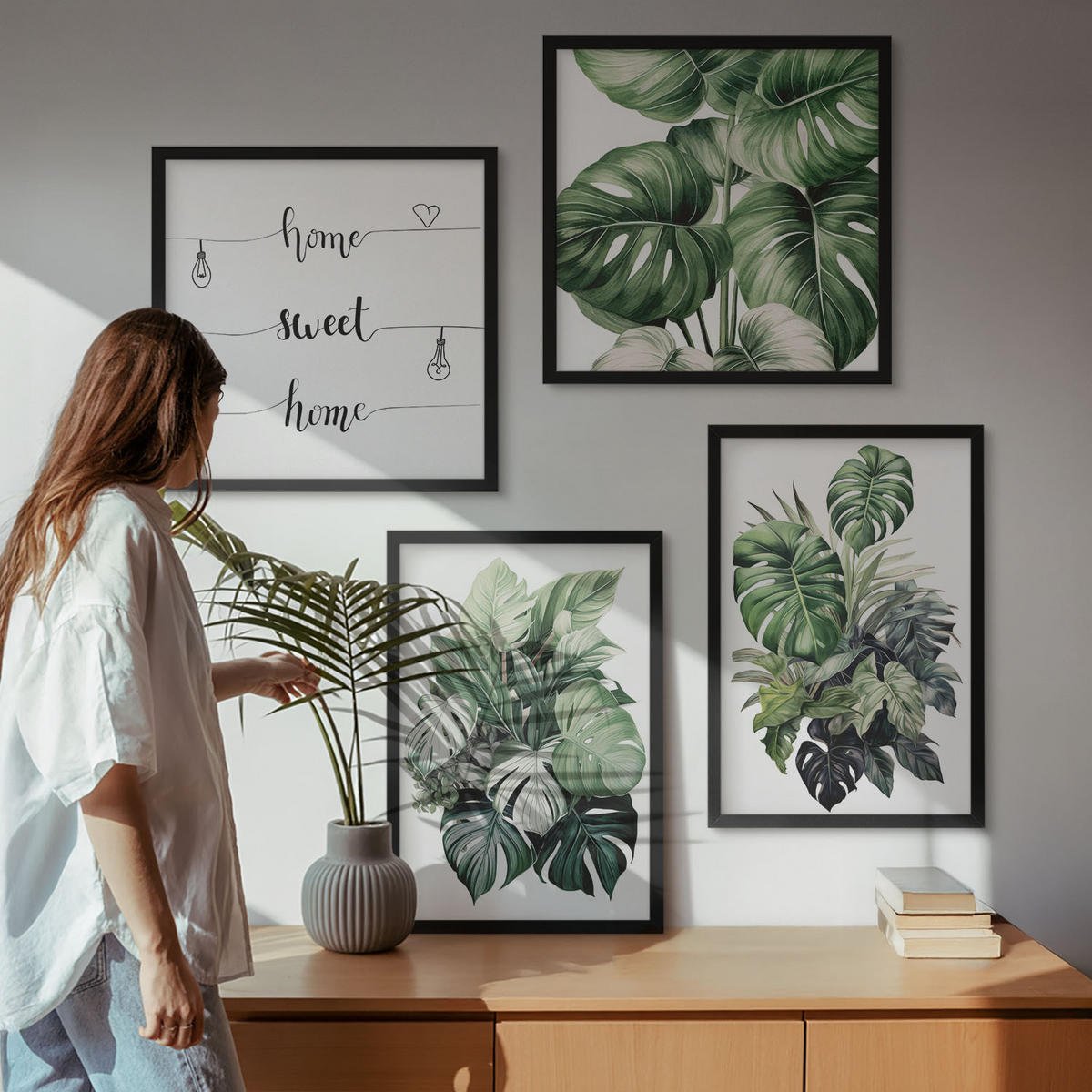 BILDER SET 4er Set - 50x50 cm & 40x60 cm Schwarzer Rahmen - Aquarell von grünen tropischen Blättern - Schwarz, Kunststoff (50/50cm) - TULUP