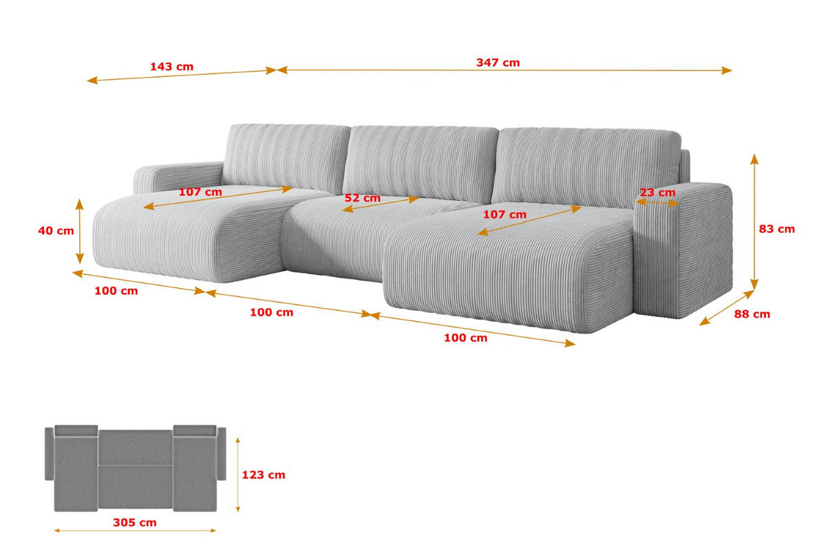 WOHNLANDSCHAFT mit Schlaffunktion und Bettkasten KLEEA-U - 347x143x83 cm Grau Cord - Schwarz/Grau, Holzwerkstoff/Kunststoff (347/83/143cm) - ALTDECOR