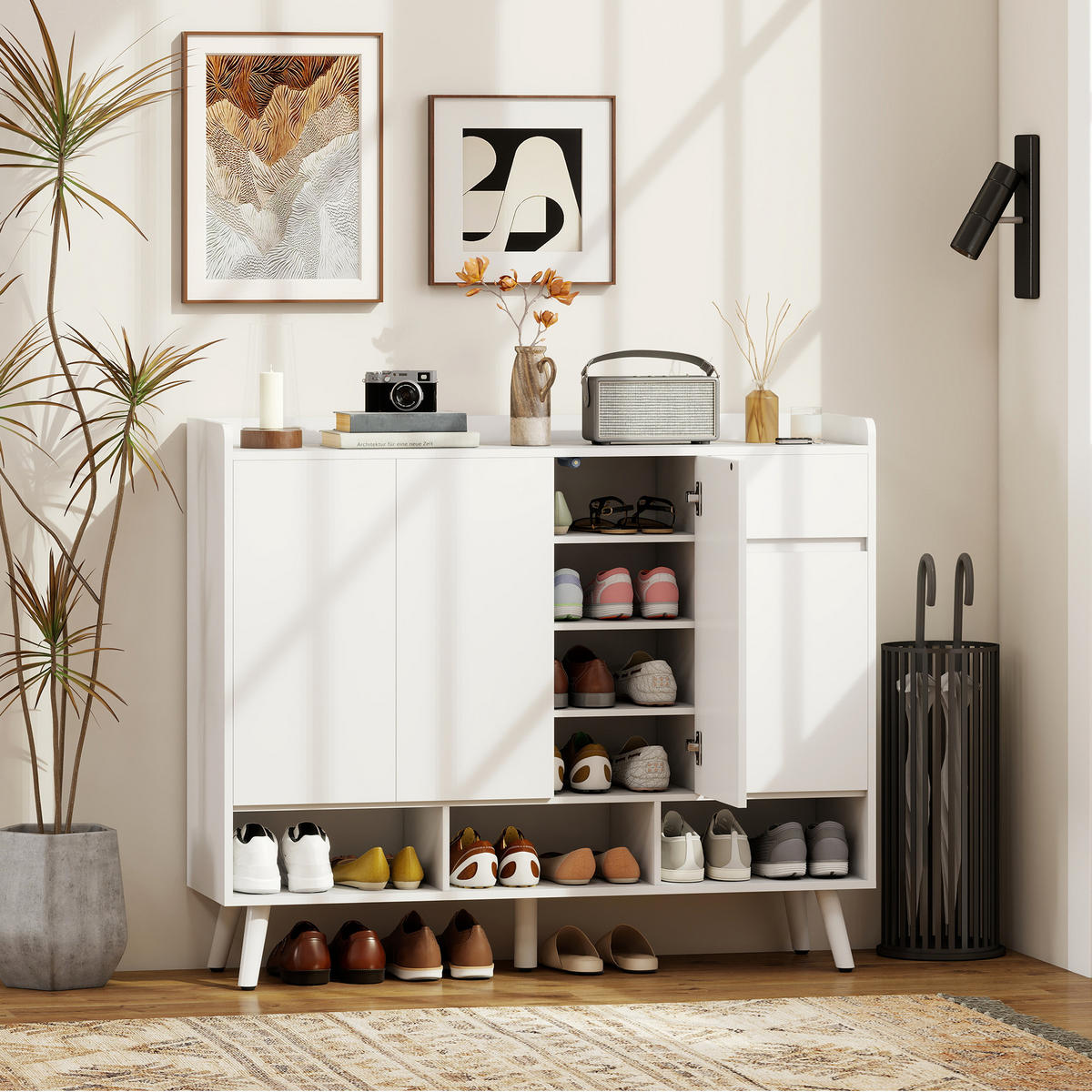 SCHUHSCHRANK mit 4 Tür, Druck zum Öffnen-Design Verstellbaren Ablagen, Schublade - Weiß, Holz/Holzwerkstoff (35/100/120cm) - HOMCOM