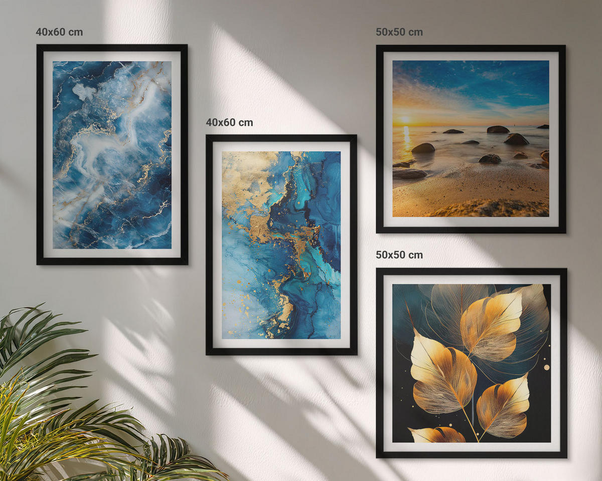 WANDBILDER 4er-Set - 50x50 cm & 40x60 cm Schwarzer Rahmen - Bilder mit blau-goldenen Mustern - Schwarz, Kunststoff (50/50cm) - ArtPrintCave