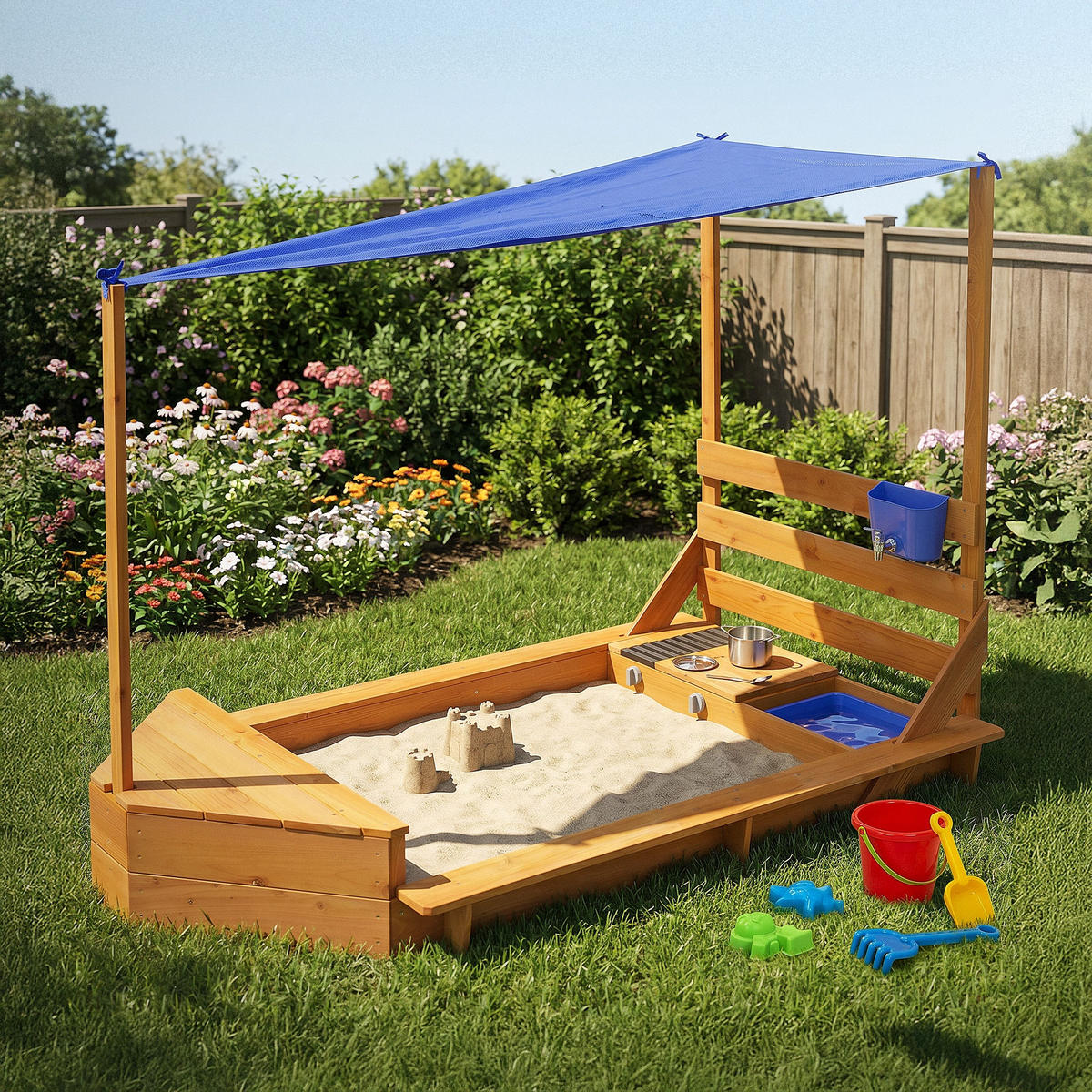 SANDKASTEN mit Dach und Matschküche aus Massivholz 101x163 cm - Braun, Holz (101/163/120.5cm) - ML-DESIGN