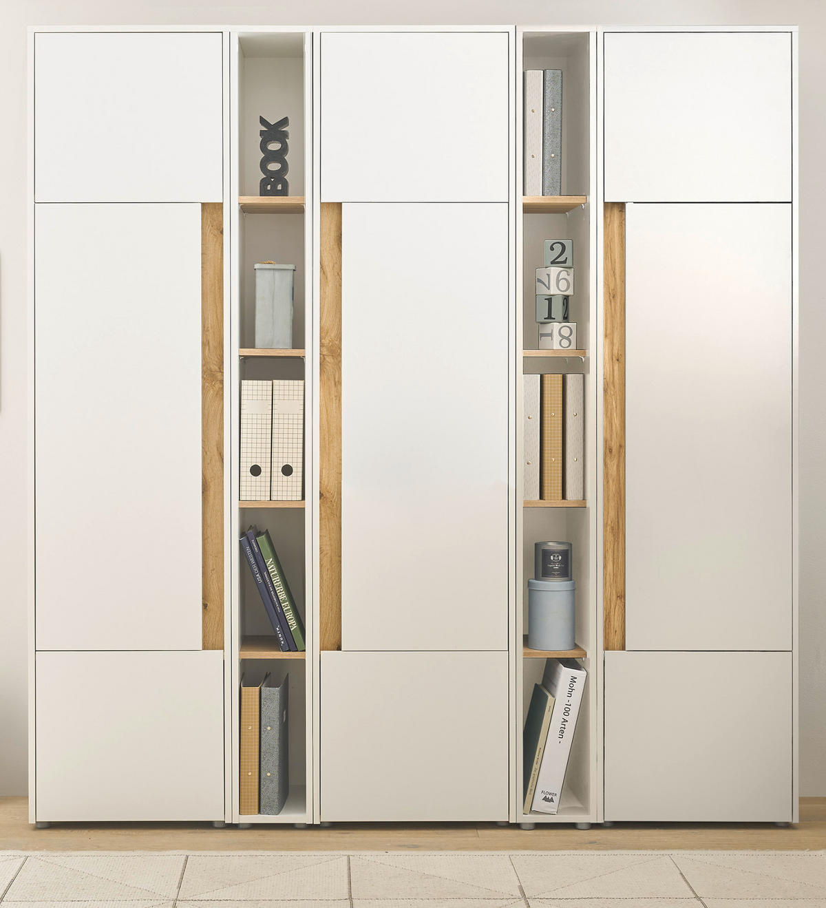 AKTENSCHRANK Set 5-teilig weiß matt, Eiche Wotan 190 x 200 cm, Schrank-Regal-Kombination mit 25 Fächern - Eichefarben/Silberfarben, Holz/Holzwerkstoff (190/200/40cm) - Furn.Design