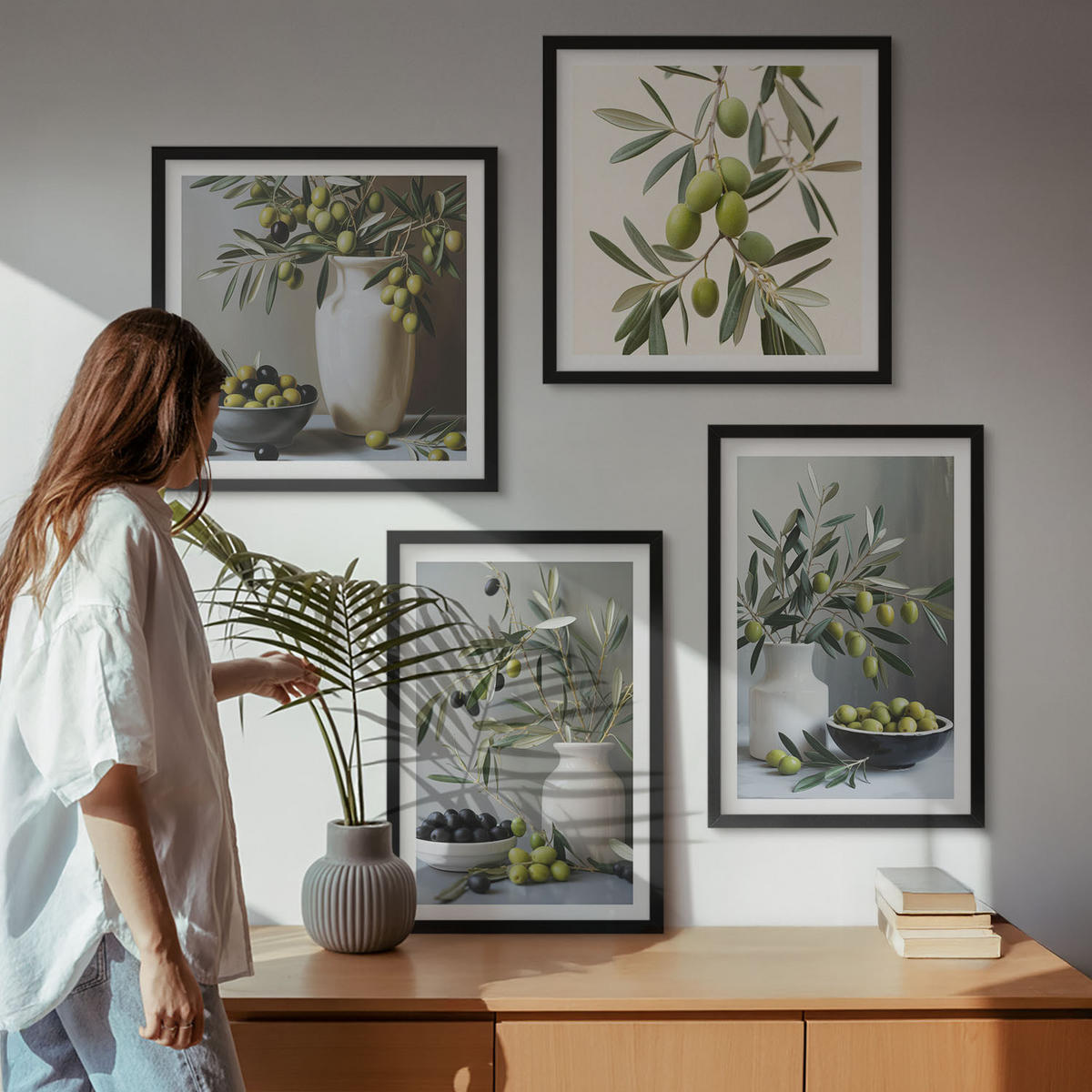 WANDBILDER 4er-Set - 50x50 cm & 40x60 cm Schwarzer Rahmen - Oliven in grauen Vasen - Schwarz, Kunststoff (50/50cm) - ArtPrintCave