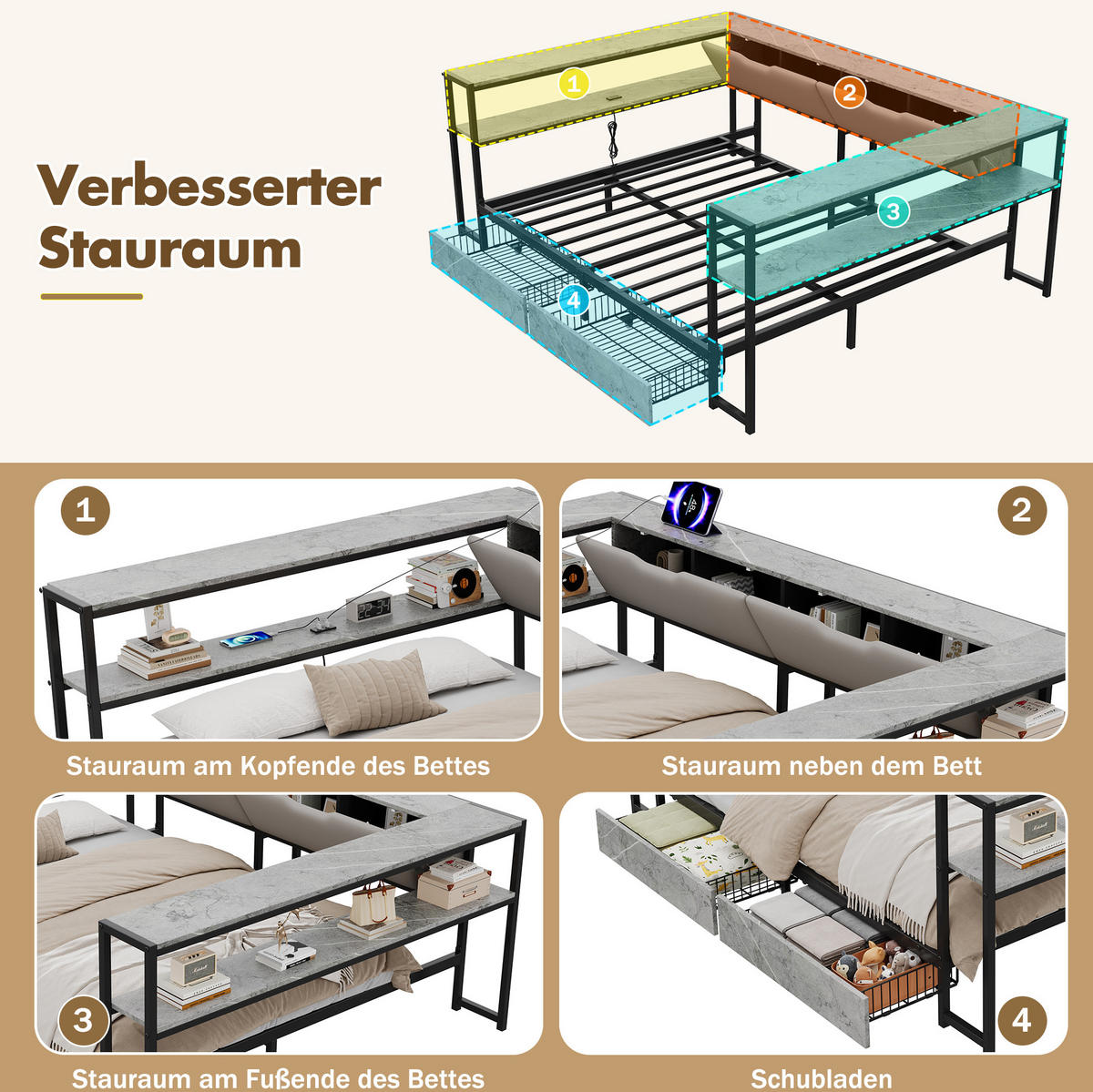POLSTERBETT 140/200 cm grau aus MDF und Metall mit USB-C und 2 Schubladen - Grau, Holzwerkstoff (140/200cm) - OKWISH