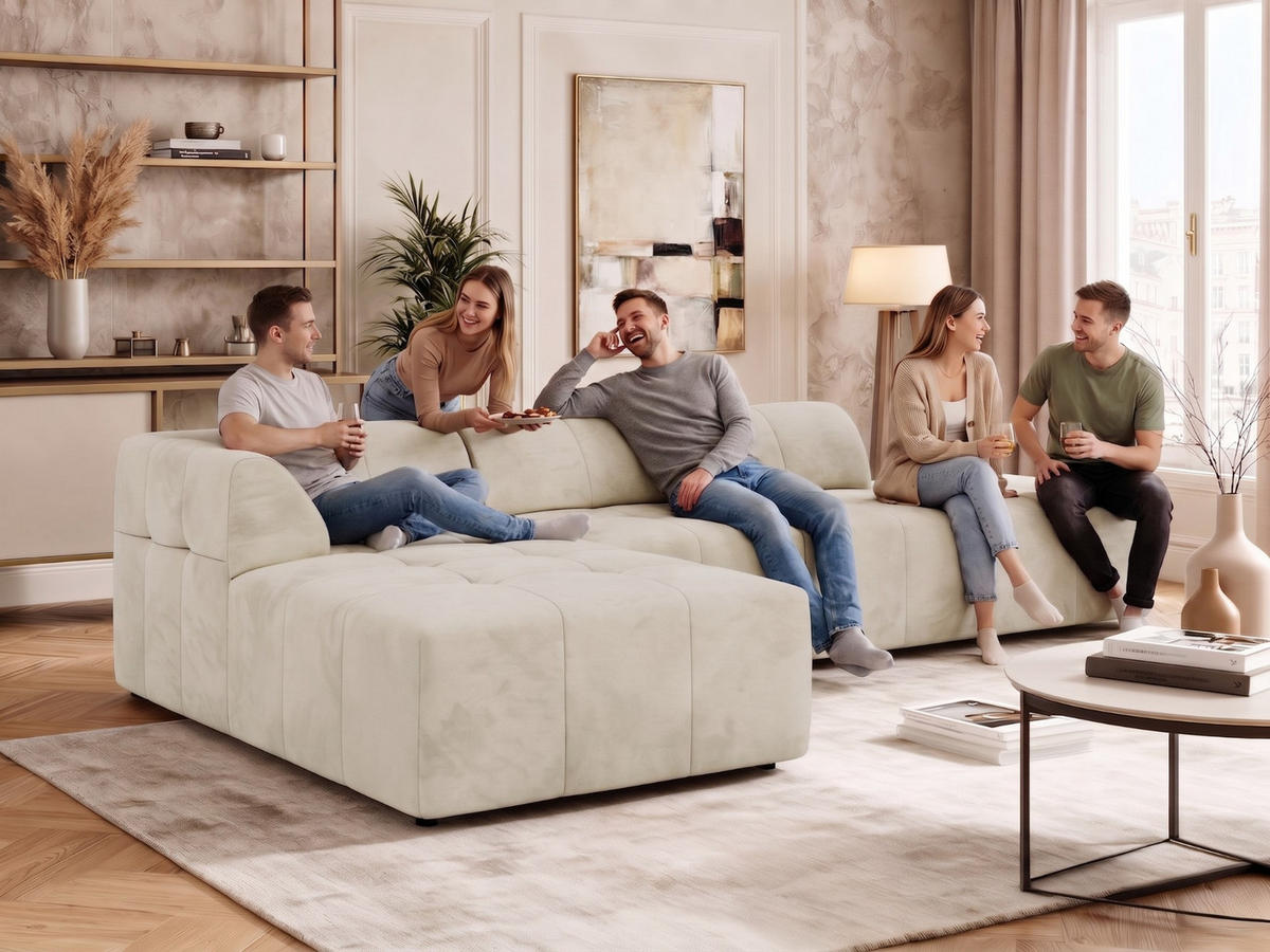 ECKSOFA GRIDA 3M L Beige Velvet - Links - Beige/Schwarz, Kunststoff/Textil (335/176cm) - MKS