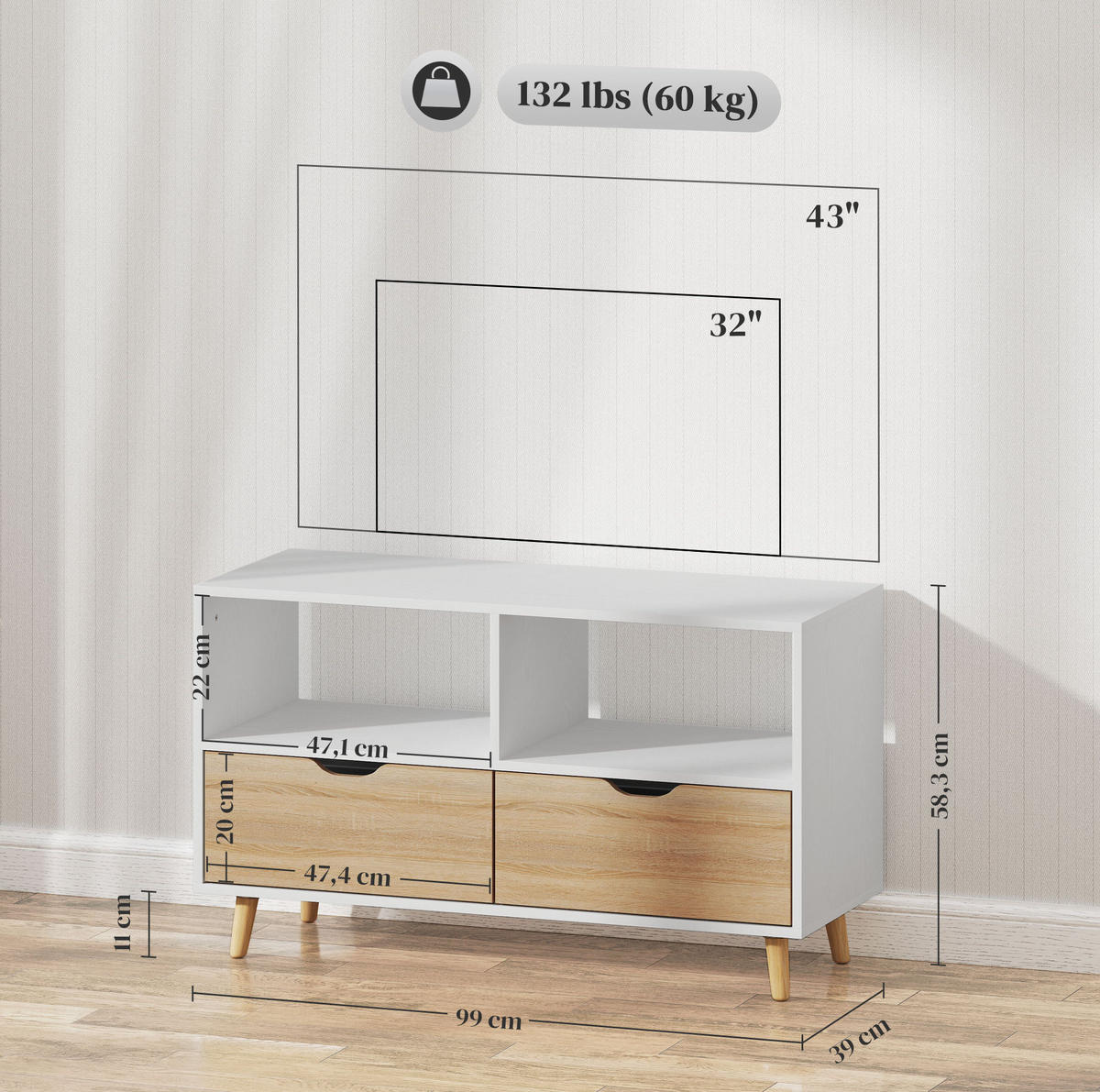 TV-LOWBOARD 99/39/58 cm mit 2 offenen Fächern und 2 Schubladen, Holz mit Kabelmanagement, Weiß - Weiß, Holzwerkstoff (99/58.3/39cm) - Redom