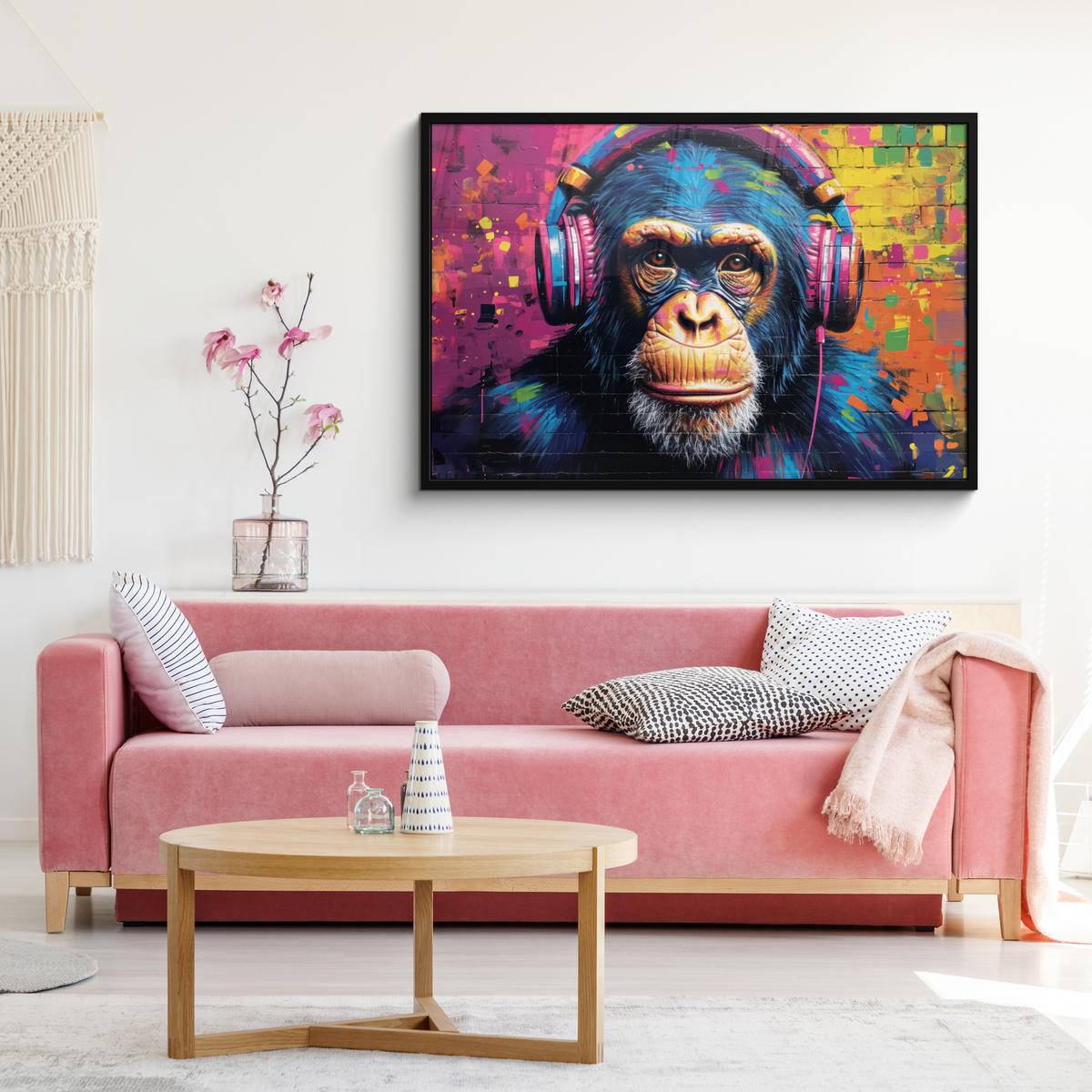 POSTER MIT RAHMEN Graffiti - Schimpanse - Straßenkunst - Kopfhörer - Affe 120x80 cm - Blau, Papier (120/80cm) - MuchoWow
