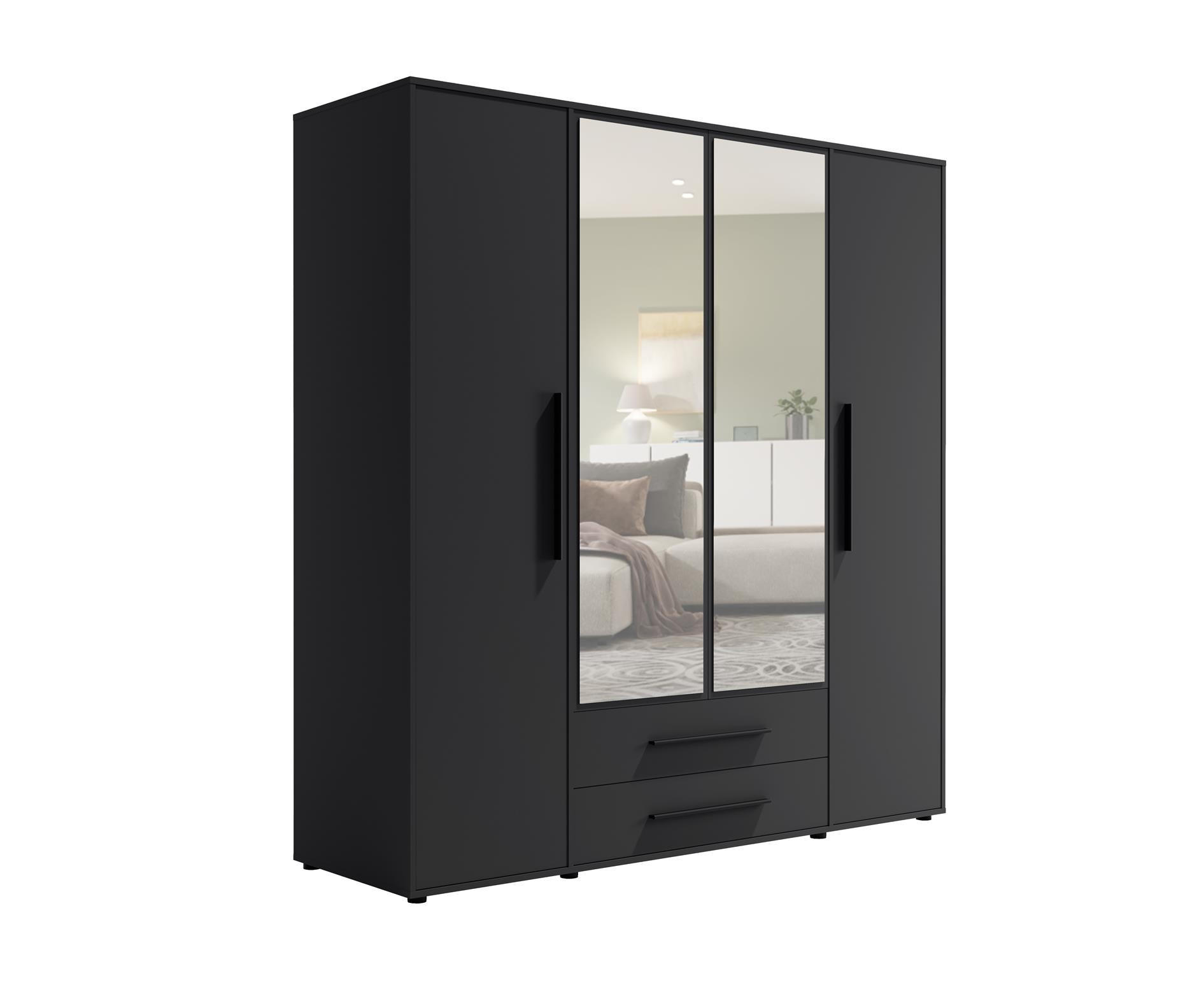 KLEIDERSCHRANK Maxivo Schwarz, viertüriger Kippschrank mit Schubladen und Spiegel, Erweiterung - Schwarz, Holzwerkstoff (198/248/59cm) - Bettso