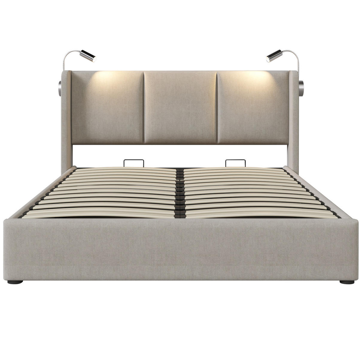 POLSTERBETT 160/200 cm Beige mit Stauraum und Leselicht aus Leinen - Beige, Textil (160/200cm) - OKWISH