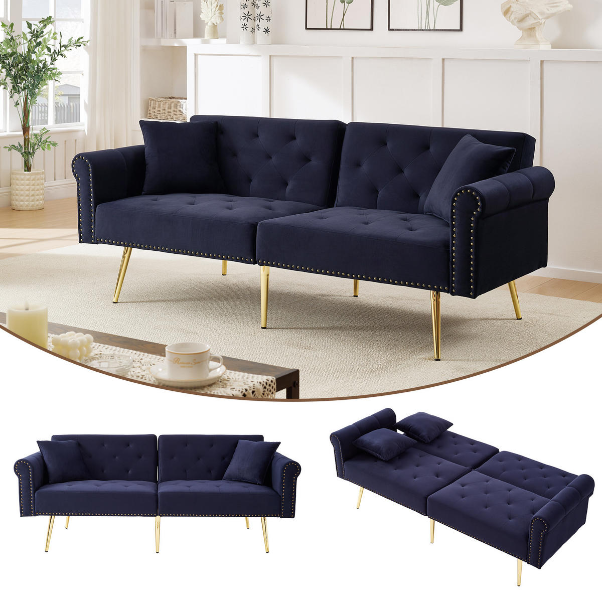 SCHLAFSOFA 173/75/70 cm Antikblau Samt mit 3-stufiger Verstellung - Dunkelblau, Textil (173/70/75cm) - Oxeza