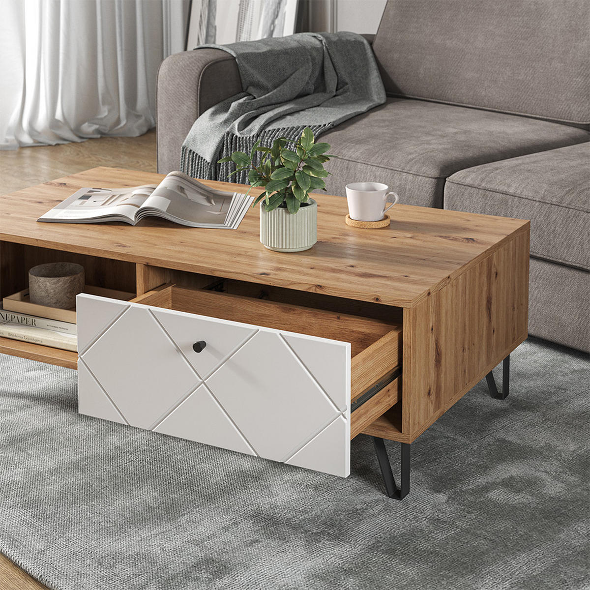 COUCHTISCH Nizza Artisan-Eiche 110 x 60 cm - Eiche Artisan/Weiß, Holzwerkstoff (60/110/37cm) - Vicco