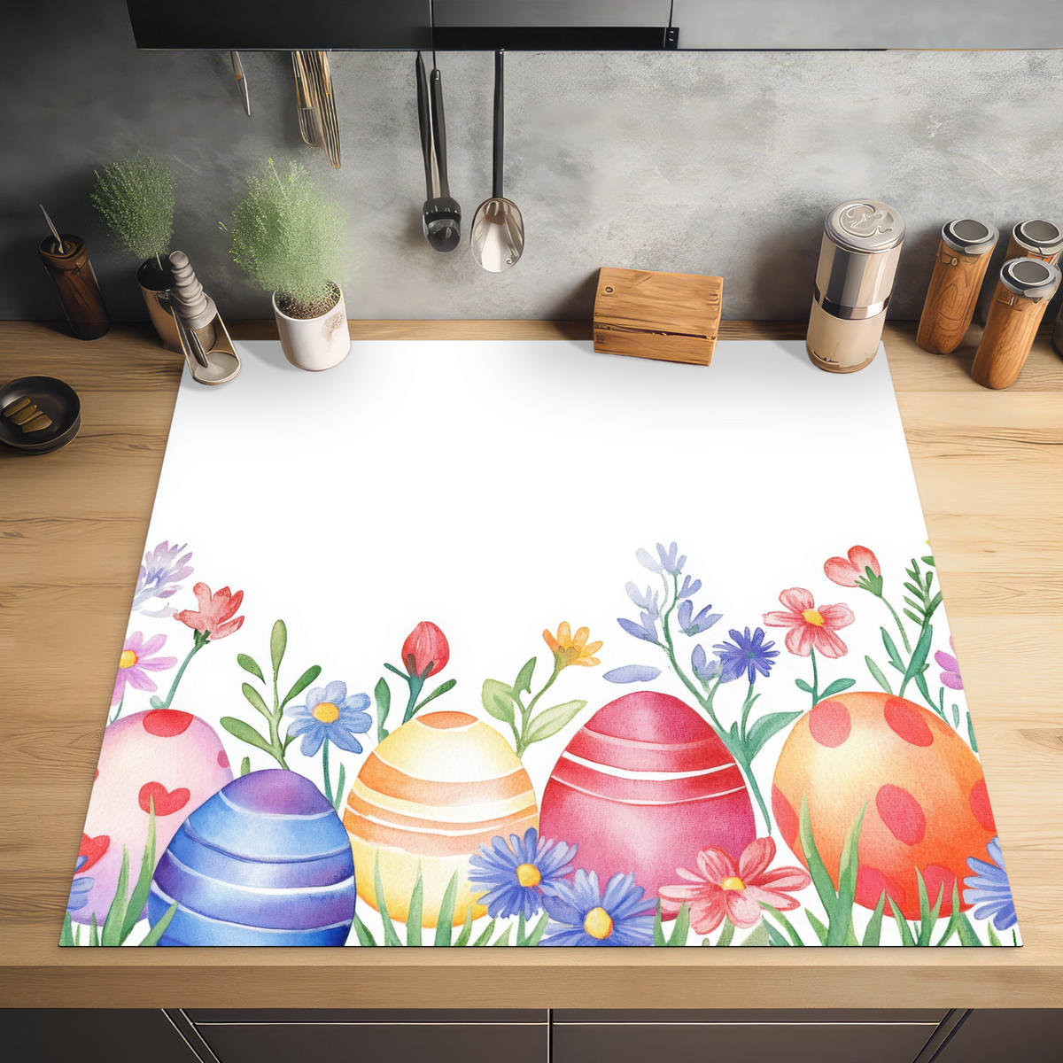 HERDABDECKPLATTE Blumengarten - Bunt - Eier Induktionsmatte 78x78 cm - Weiß, Kunststoff (78/78/0.2cm) - MuchoWow