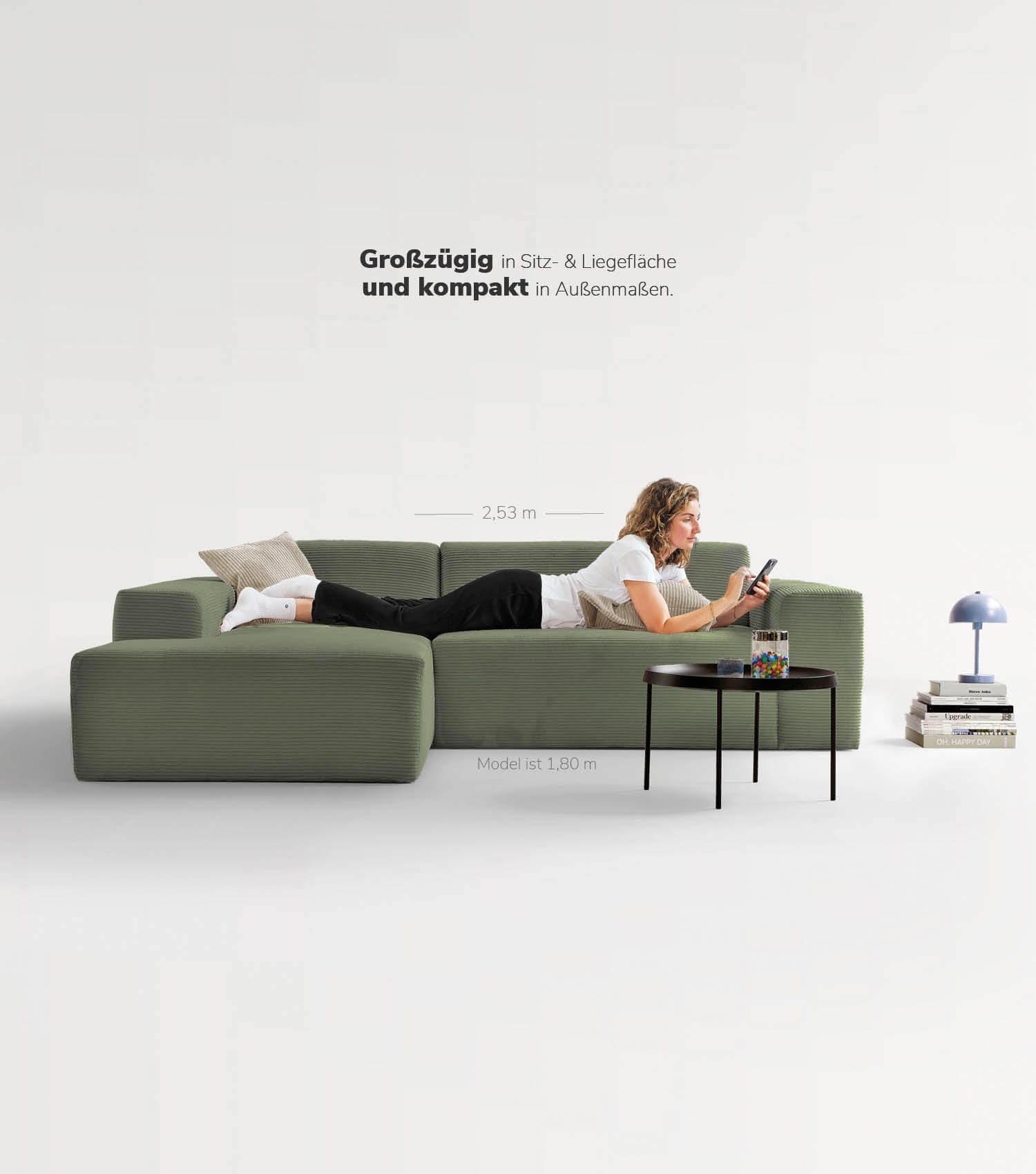 ECKSOFA Die Lässige Recamiere links - Mintgrün, Textil (253/188cm) - Mokebo
