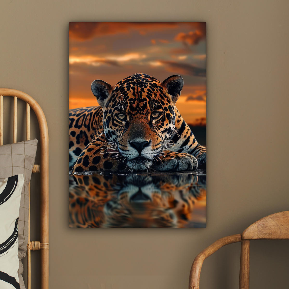 LEINWANDBILD Natur - Leopard - Tier - Sonnenuntergang - Modern 40x60 cm - Orange, Textil (40/60cm) - MuchoWow