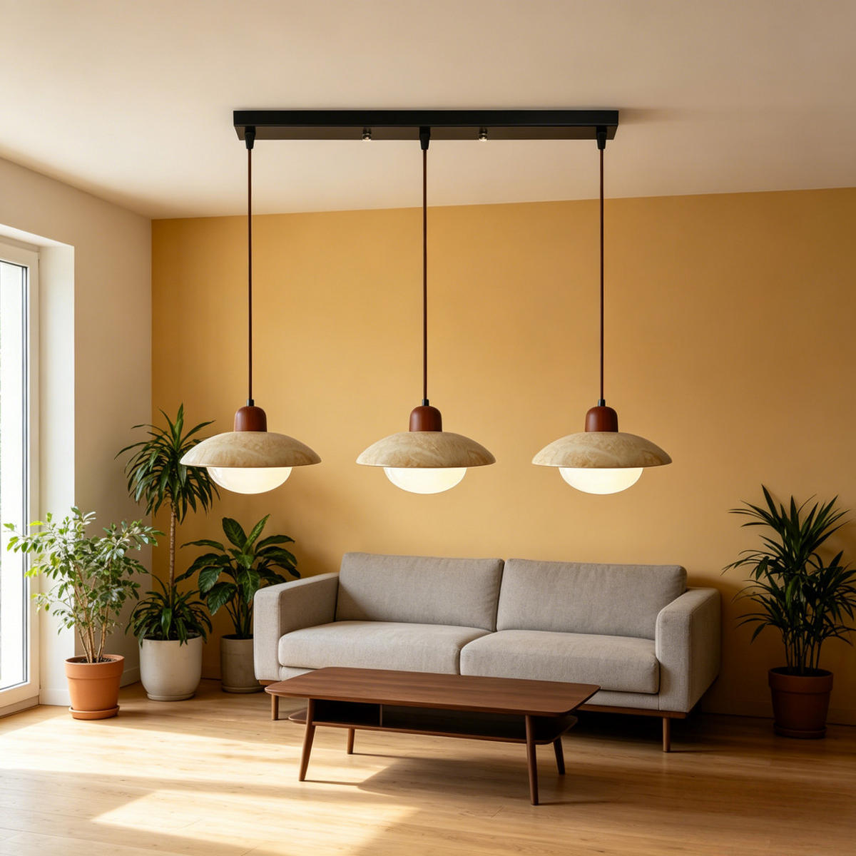 PENDELLEUCHTE Gelber Travertin & Holz, 3 Lichter 25CM - Gelb, Naturmaterialien (200/80/30cm) - Weltevree