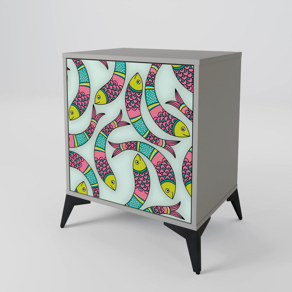 SIDEBOARD INDIAN FISH, Grau, 57,5x42x67,5 cm, Schwarze Metall-Rahmenfüße - Multicolor/Schwarz, Holzwerkstoff/Metall (57.5/67.5/42cm) - SpaceRebels
