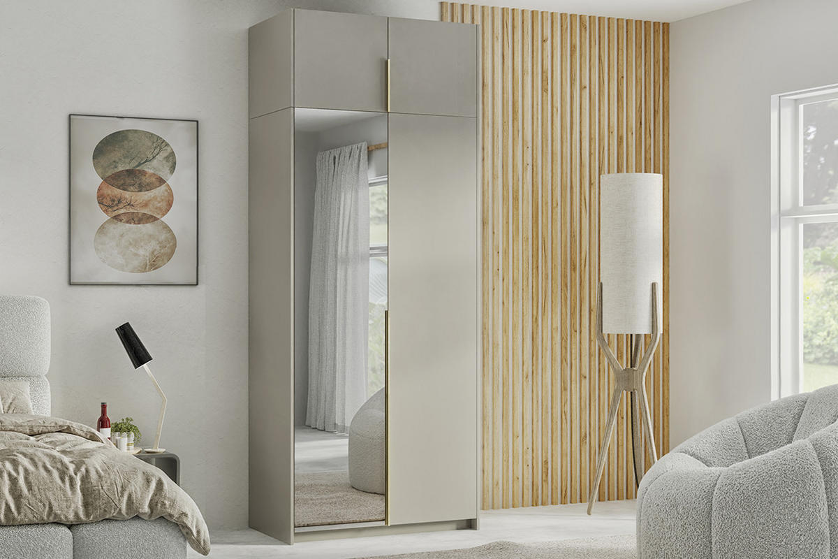 DREHTÜRENSCHRANK Apollonia I mit Spiegel 100x204cm 2-türig, kaschmir, goldene Griffe - Kaschmir/Goldfarben, Kunststoff (58/250/100cm) - Margaret Hadas24