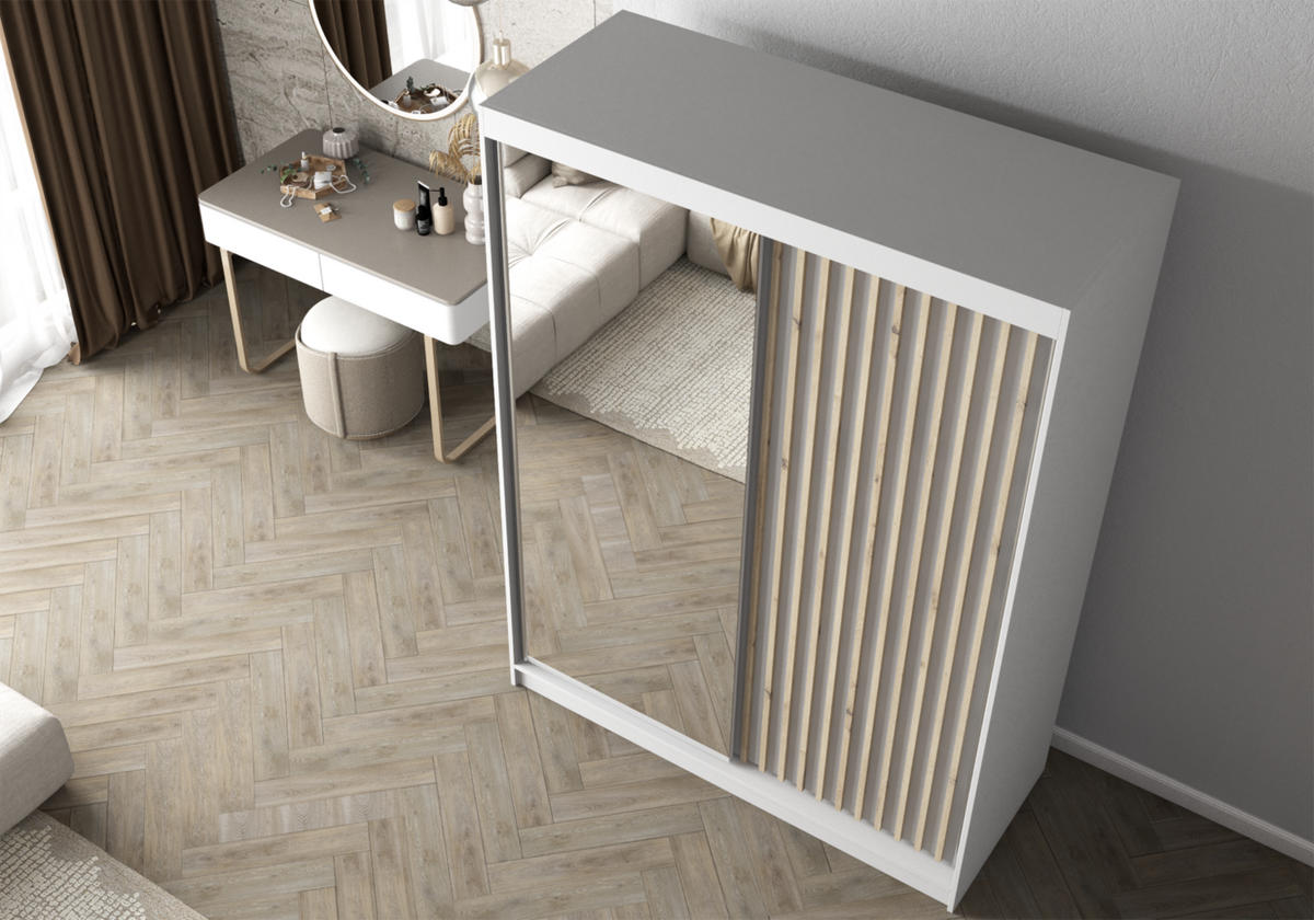 SCHWEBETÜRENSCHRANK Lami B Weiß/Weiß mit Spiegel, + LED-Beleuchtung 150 cm - Alufarben/Weiß, Glas/Holzwerkstoff (150/200/61cm) - imoebel24
