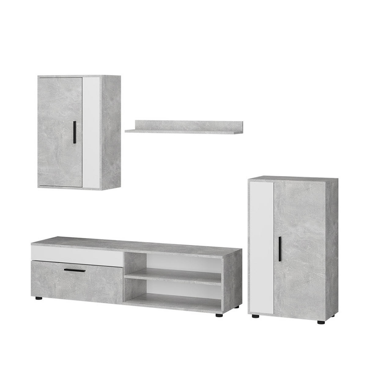 WOHNWAND Berno Beton/Weiß set, 4 Teile - Weiß/Grau, Holzwerkstoff (78/8/17.1cm) - Vicco