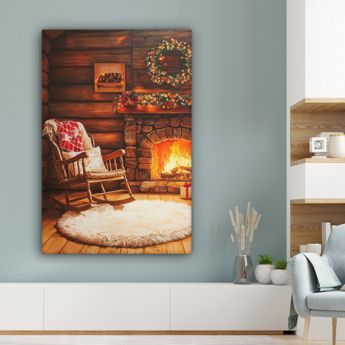 LEINWANDBILD Winter - Weihnachten - Zuhause - Kamin 90x140 cm - Bernsteinfarben, Textil (90/140cm) - MuchoWow