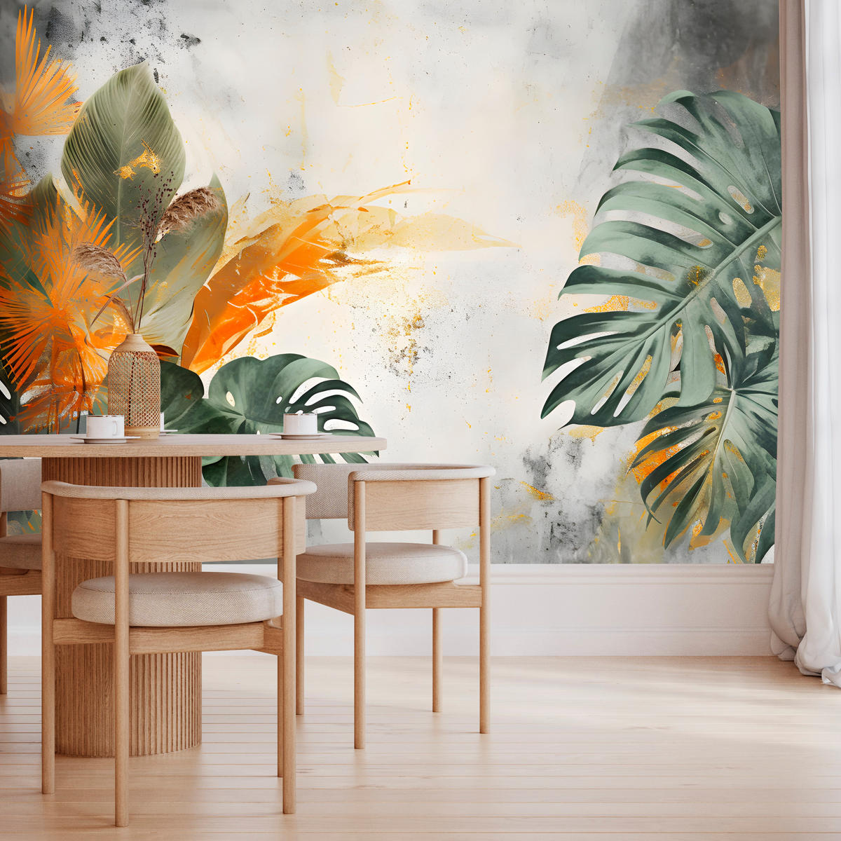 FOTOTAPETE für Schlafzimmer Tropen Monstera Beton Natur Blätter 200x140 - Beige/Orange, Papier (200/140cm) - Muralo