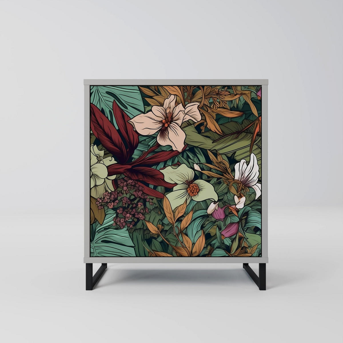 SIDEBOARD BOTANICAL EMERGENCE, Grau, 57,5x42x67,5 cm, Schwarze Metall-Rahmenfüße - Multicolor/Schwarz, Holzwerkstoff/Metall (57.5/67.5/42cm) - SpaceRebels