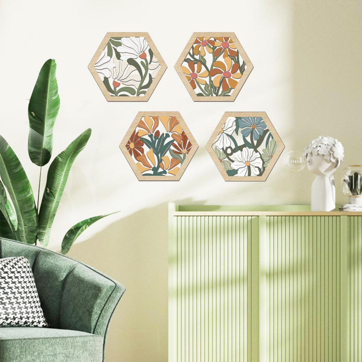 WANDDEKO Bunt 20,32x25,4cm Blumen Holz 4er Set - Akaziefarben, Holzwerkstoff (25/1cm) - Weltevree