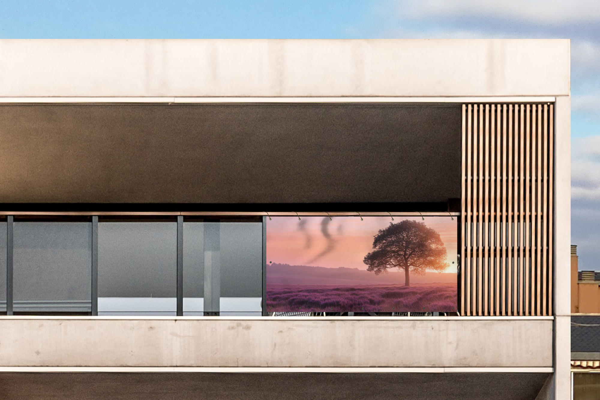 BALKON-SICHTSCHUTZ Baum - Heidekraut - Sonnenaufgang - Flieder, Kunststoff (200/90cm) - MuchoWow