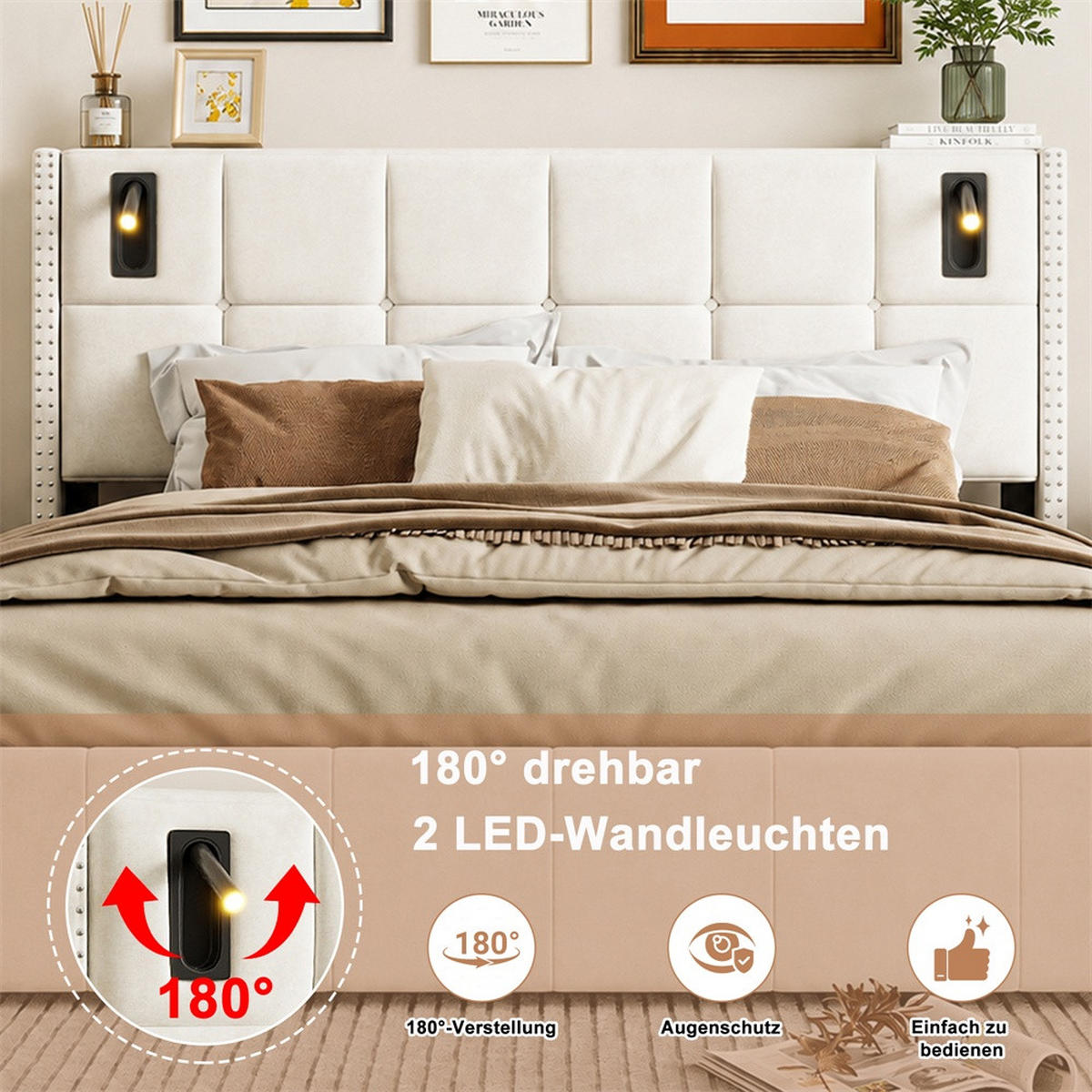 POLSTERBETT 140x200 cm - mit integrierten LED-Leseleuchten und hydraulischer Hebefunktion - ohne Matratze - Beige - Beige, Textil (140/200cm) - DELFA