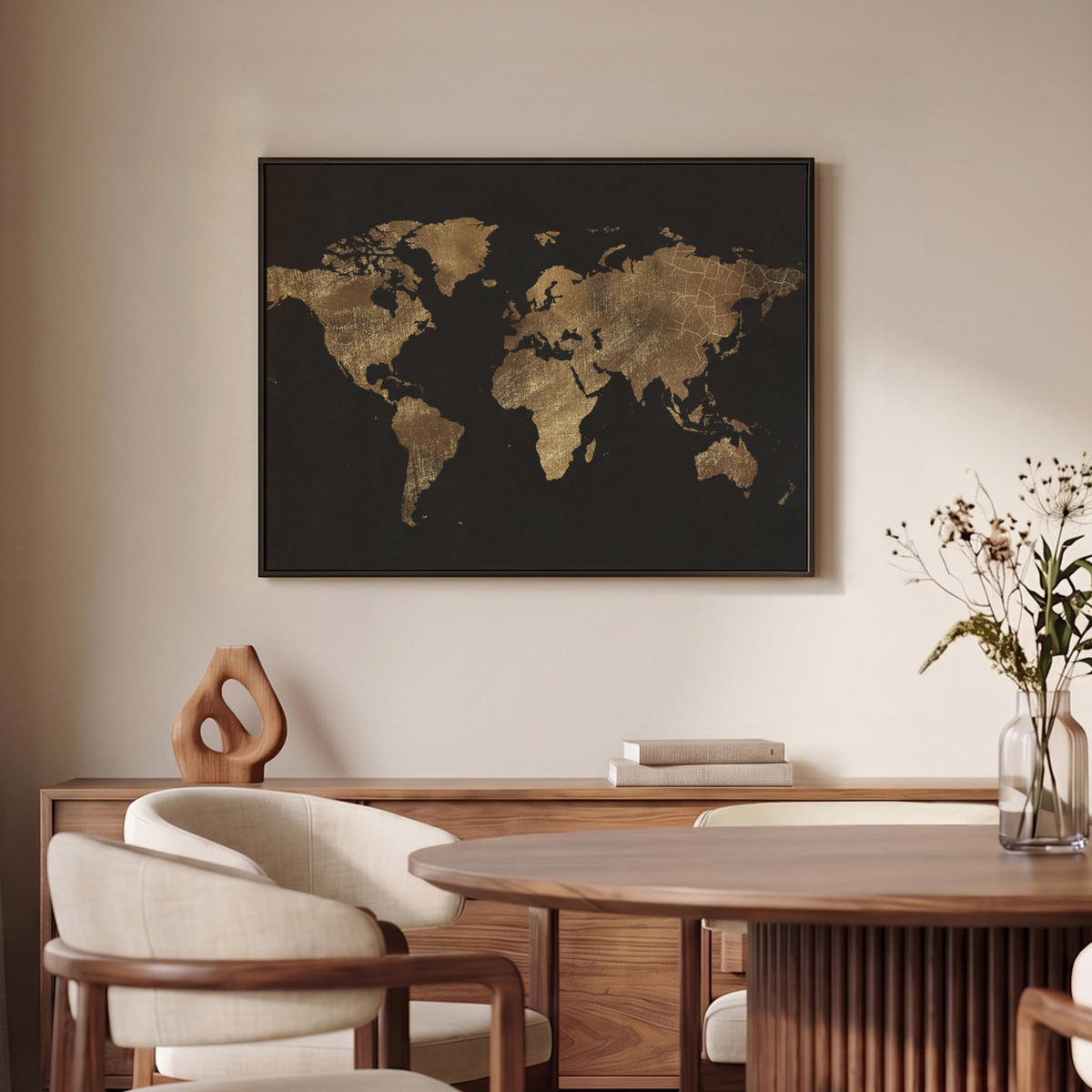 LEINWAND Bilder mit Rahmen - Weltkarte - Gold - Luxus - Erde - Schwarz - 70x50 - Goldfarben, Textil (70/50cm) - MuchoWow
